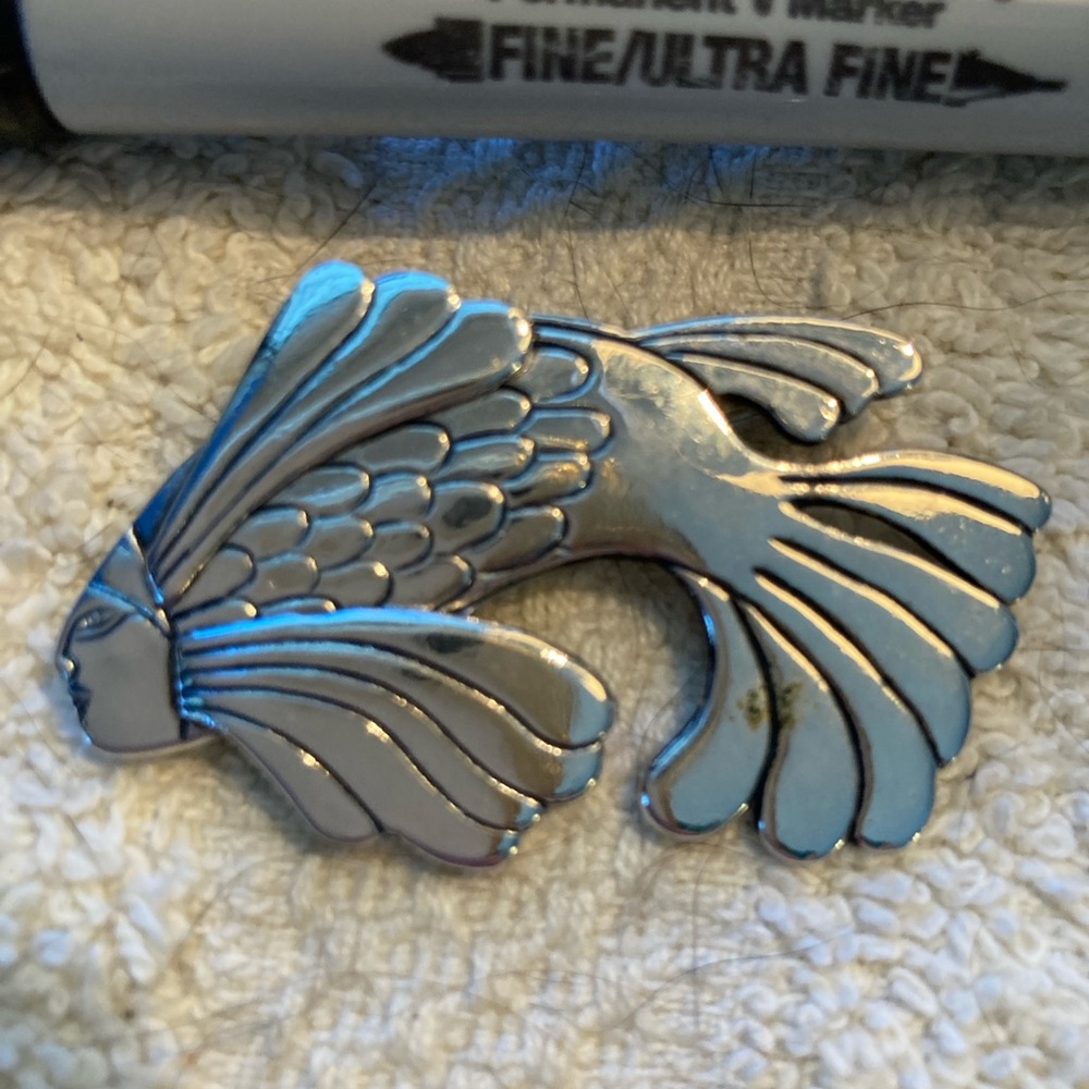 Laurel Burch Goddess Koi Fish Silver -Rhodium Brooch Pin RARE FIND
